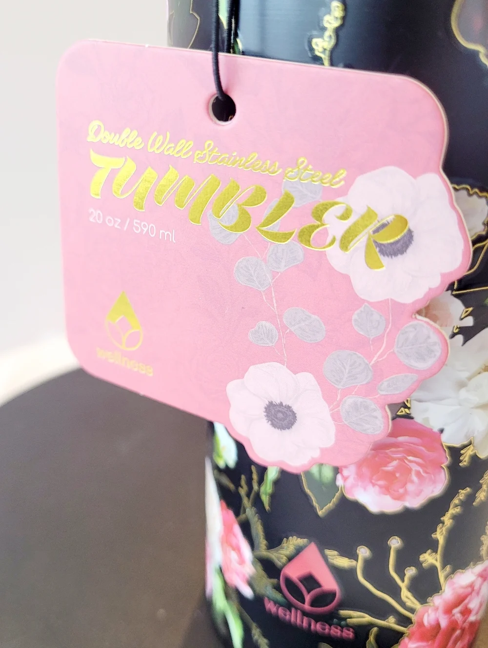 Floral Stainless Tumbler with Straw - Black/Pink Floral - Picture 3 of 6